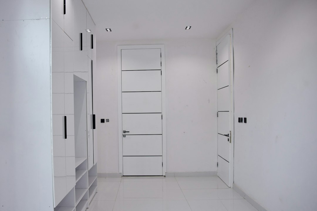 White doors with black hardware in a modern hallway