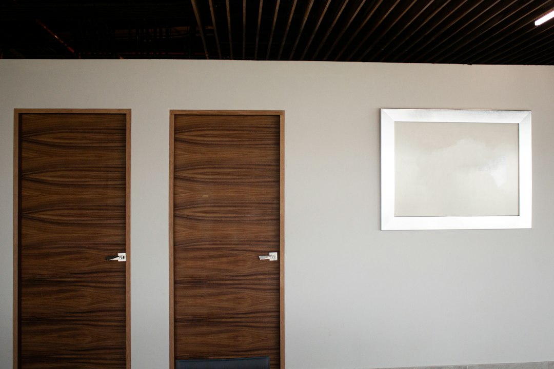 Office interior with glass partition doors